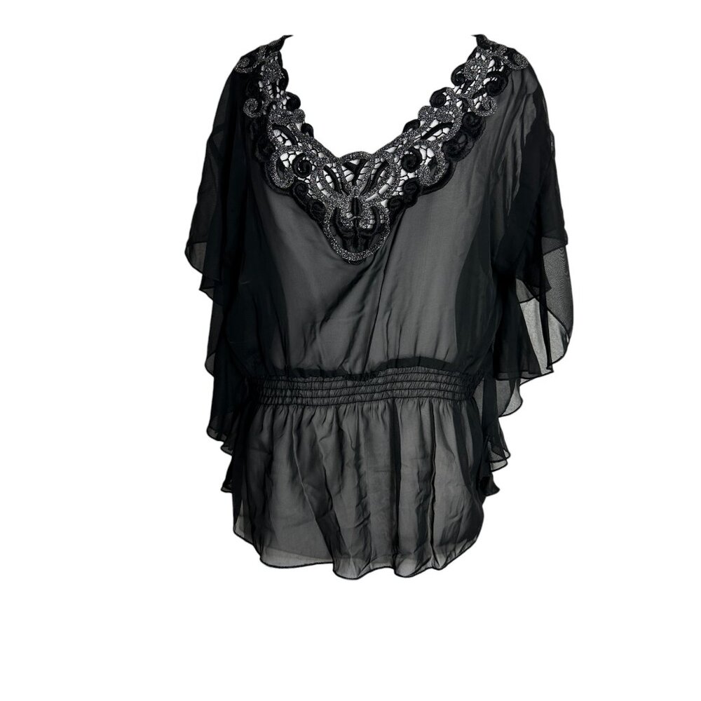 Ultra Pink Blouse Shirt Size Large Sheer Black Bat Wing Sleeve Embellished